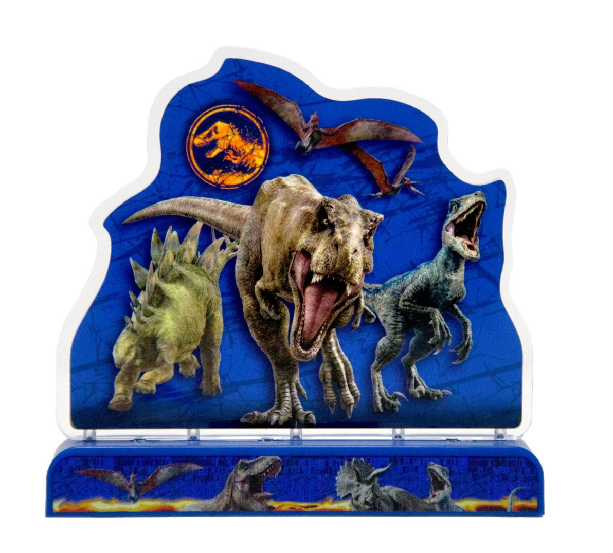 Blue dinosaur-themed LED light-up decor featuring T-Rex, Stegosaurus, Velociraptor, and flying Pterodactyl figures.
