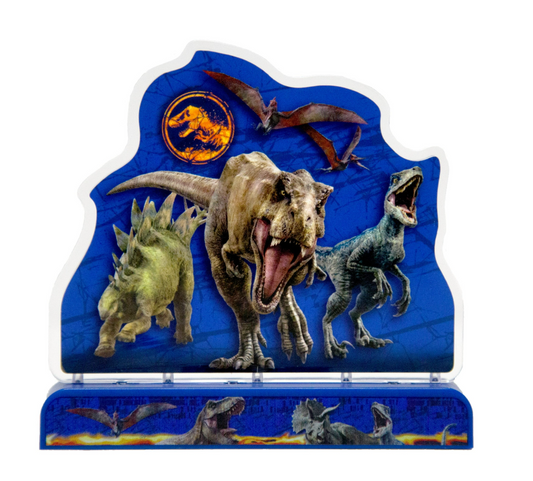 Blue dinosaur-themed LED light-up decor featuring T-Rex, Stegosaurus, Velociraptor, and flying Pterodactyl figures.