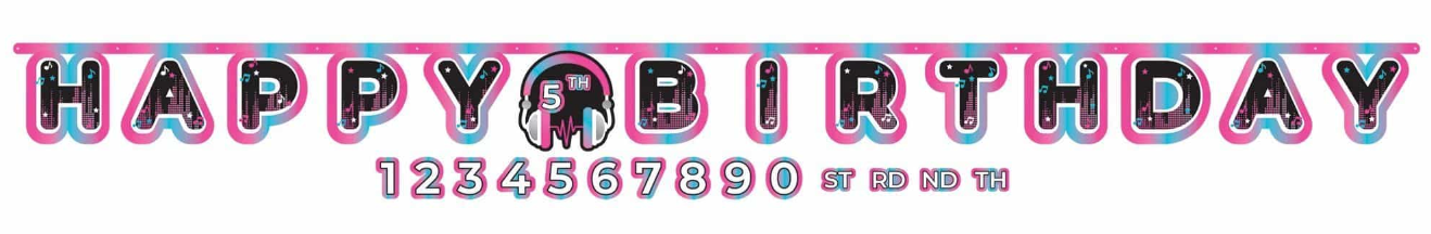 Colorful jumbo banner with letters spelling "HAPPY BIRTHDAY" in playful bubble font with blue, pink, and black accents, plus