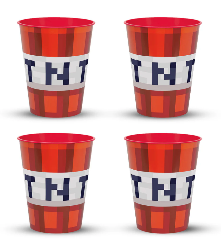 Set of four red plastic cups with pixelated TNT block design from Minecraft, 10oz each.