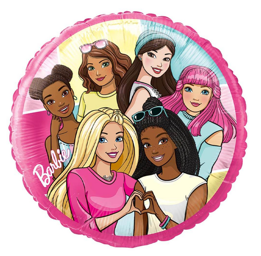 Round pink foil balloon featuring six diverse Barbie characters with colorful hair and outfits, 18 inches.