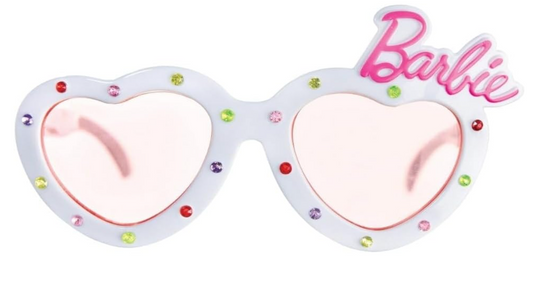 Heart-shaped pink lenses in white plastic frames decorated with multicolored rhinestones and a pink "Barbie" logo on top.
