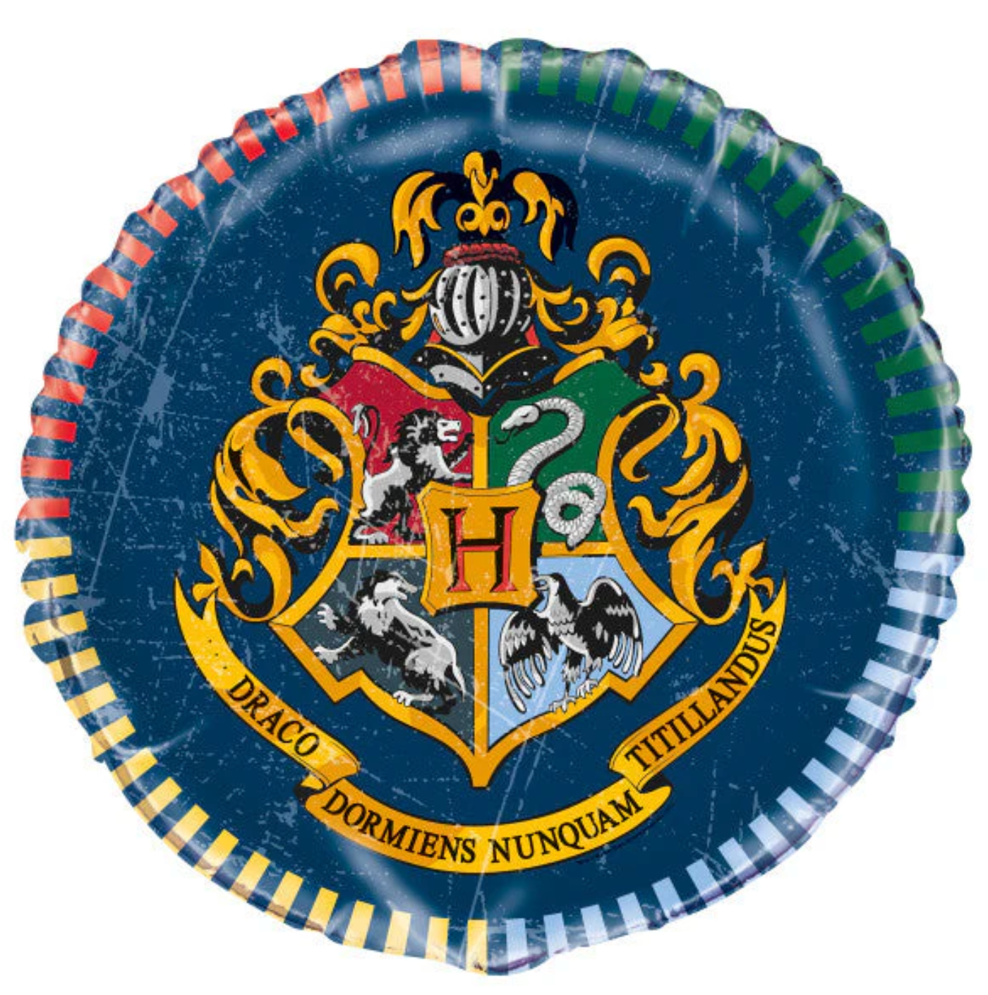 Round foil balloon with dark blue background, featuring the colorful Hogwarts crest and gold ribbon banner.