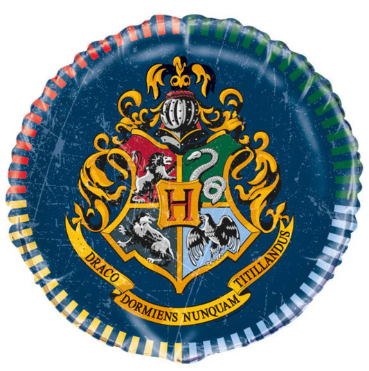 Round foil balloon with dark blue background, featuring the colorful Hogwarts crest and gold ribbon banner.