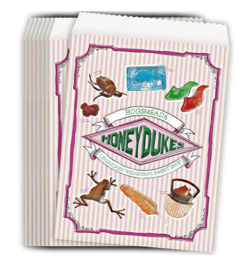 Set of eight cream-colored Honeydukes treat bags with pastel pink stripes and whimsical candy illustrations.