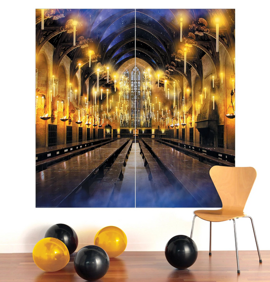 Two-panel backdrop depicting the Hogwarts Great Hall with glowing floating candles and long wooden tables under arched.