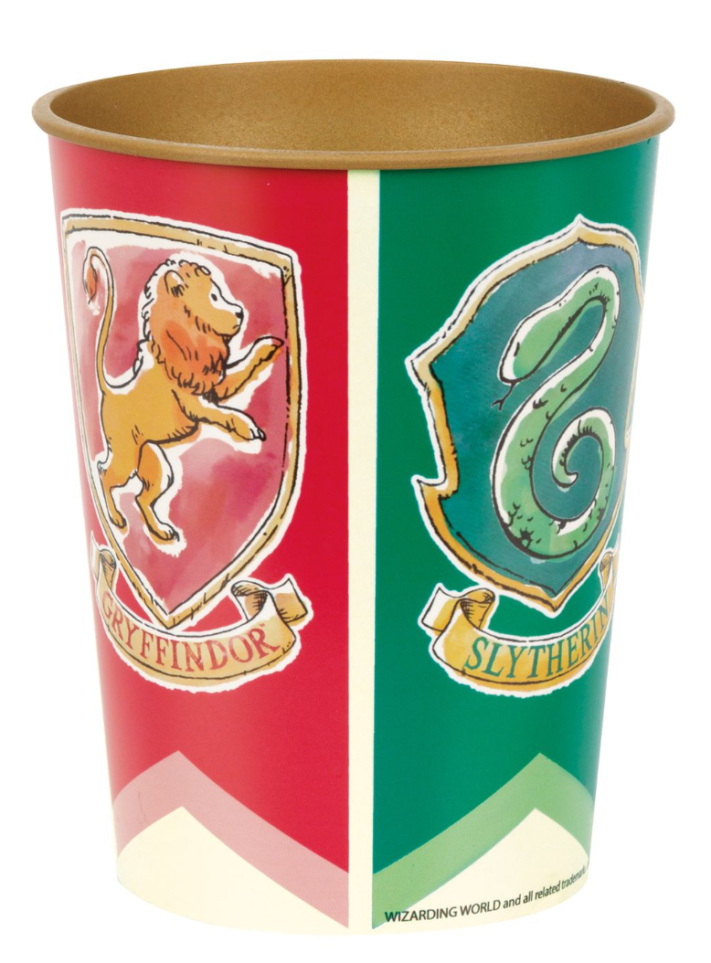 16oz plastic cup with Gryffindor and Slytherin house crests on red and green background.