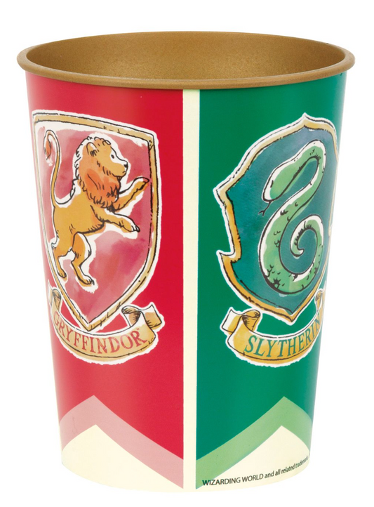 16oz plastic cup with Gryffindor and Slytherin house crests on red and green background.
