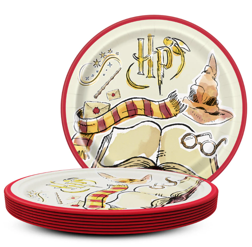 Round ceramic plate set with red rims, featuring Harry Potter-themed illustrations of a sorting hat, glasses, scarf, wand,.