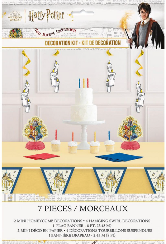 Harry Potter 7-piece decor kit with blue and gold banners, honeycomb decorations, swirling gold and silver hangers, and.