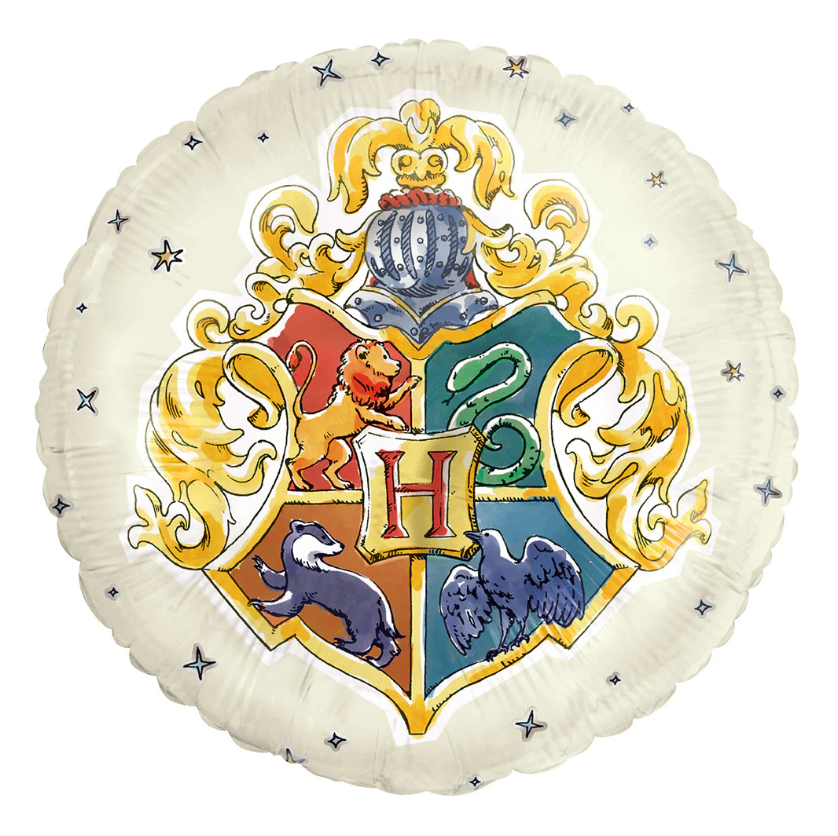 Round foil balloon with Harry Potter Hogwarts crest featuring four house animals in red, green, blue, and yellow colors on a
