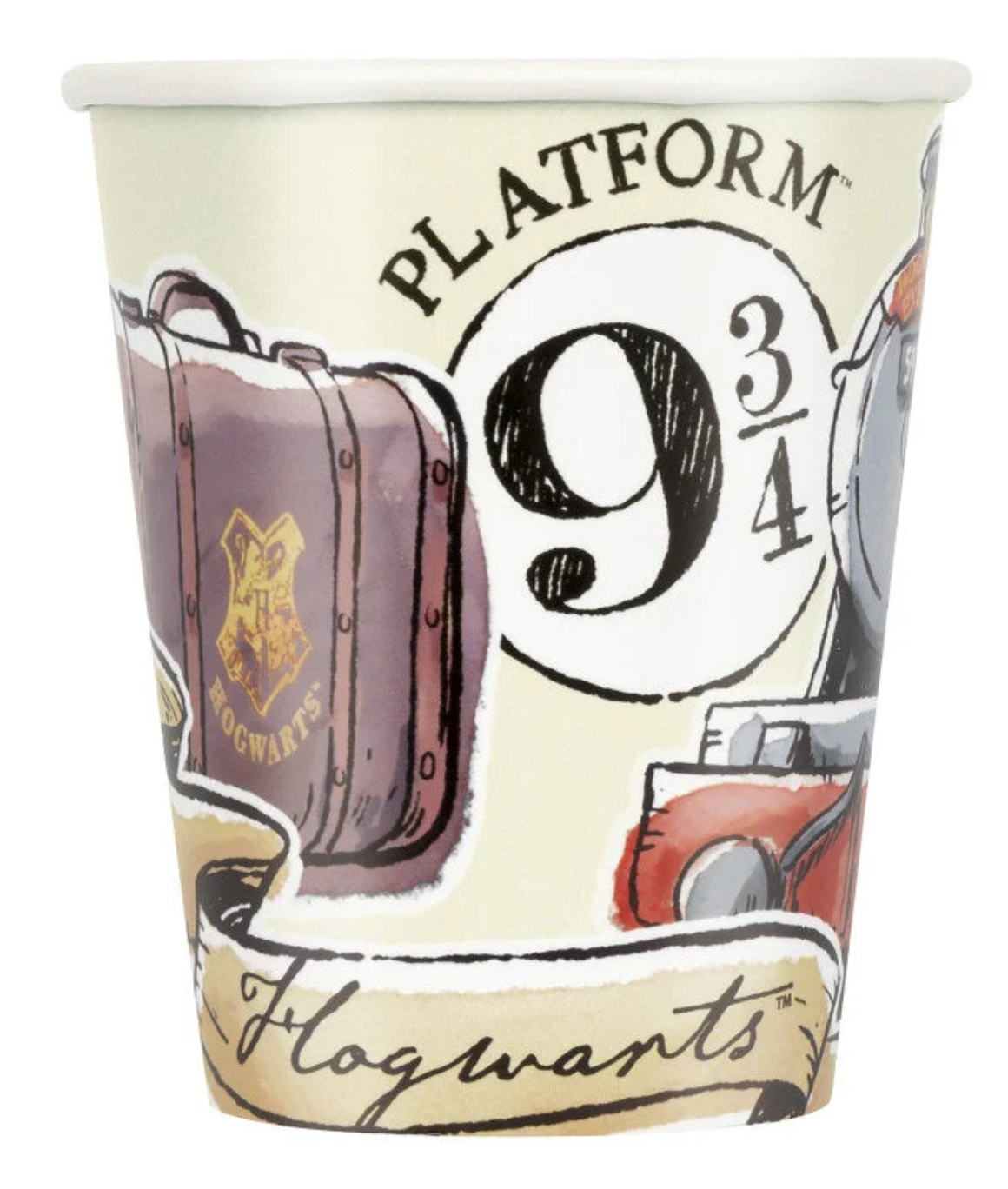 Beige paper cup featuring Harry Potter-themed illustrations including a suitcase, vintage camera, and "Platform 9 3/4" text.