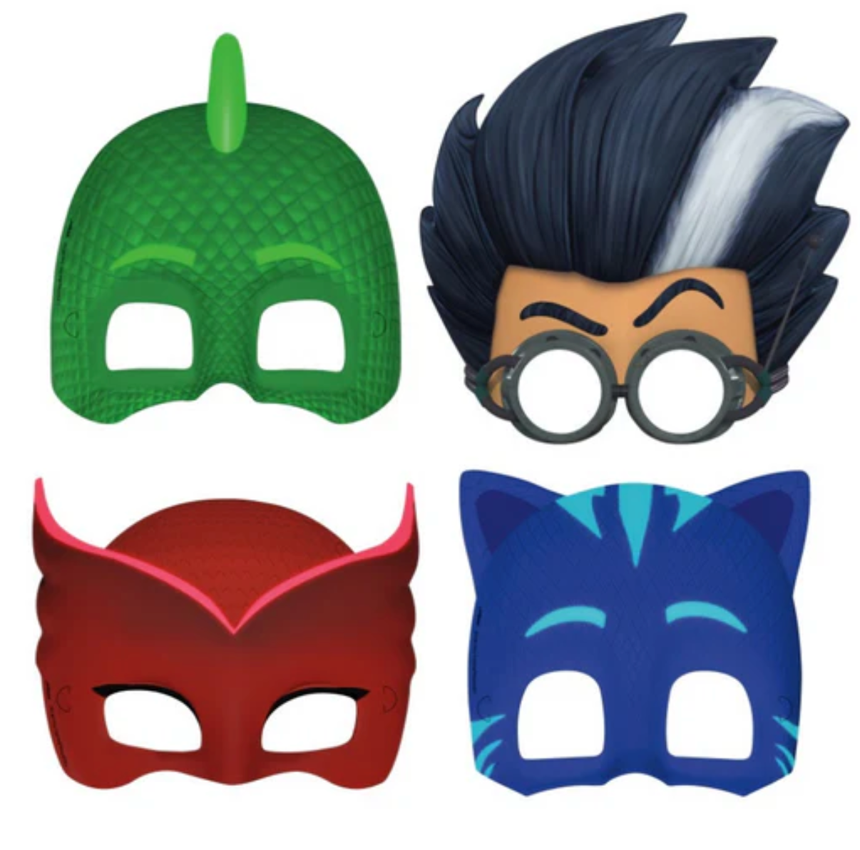 Set of four colorful PJ Masks party masks featuring green reptile, black-haired boy with glasses, red owl, and blue cat.