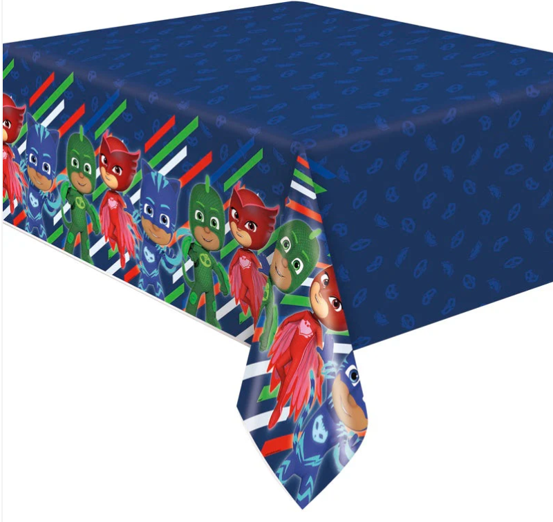 Dark blue rectangular plastic tablecover with PJ Masks superheroes and colorful stripes along the sides.