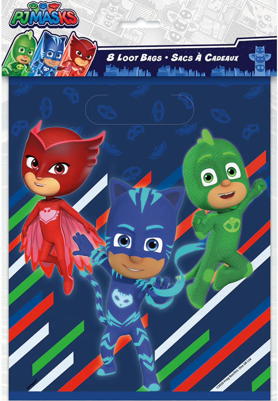 Rectangular loot bag with PJ Masks characters Catboy, Owlette, and Gekko on a dark blue background with colorful diagonal.