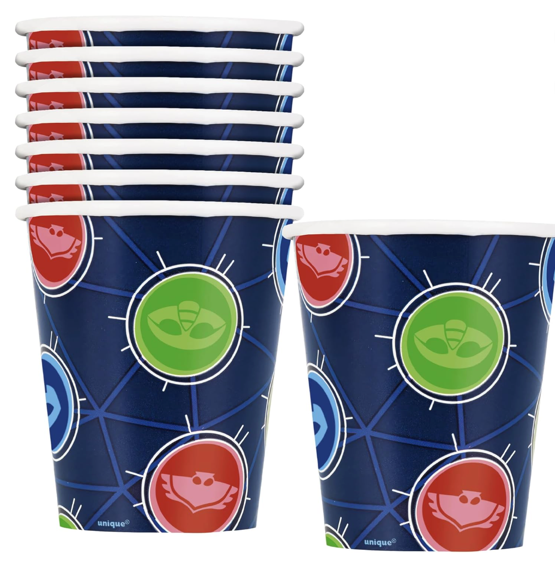 Set of eight dark blue paper cups featuring red, green, and blue PJ Masks character icons in circular frames.