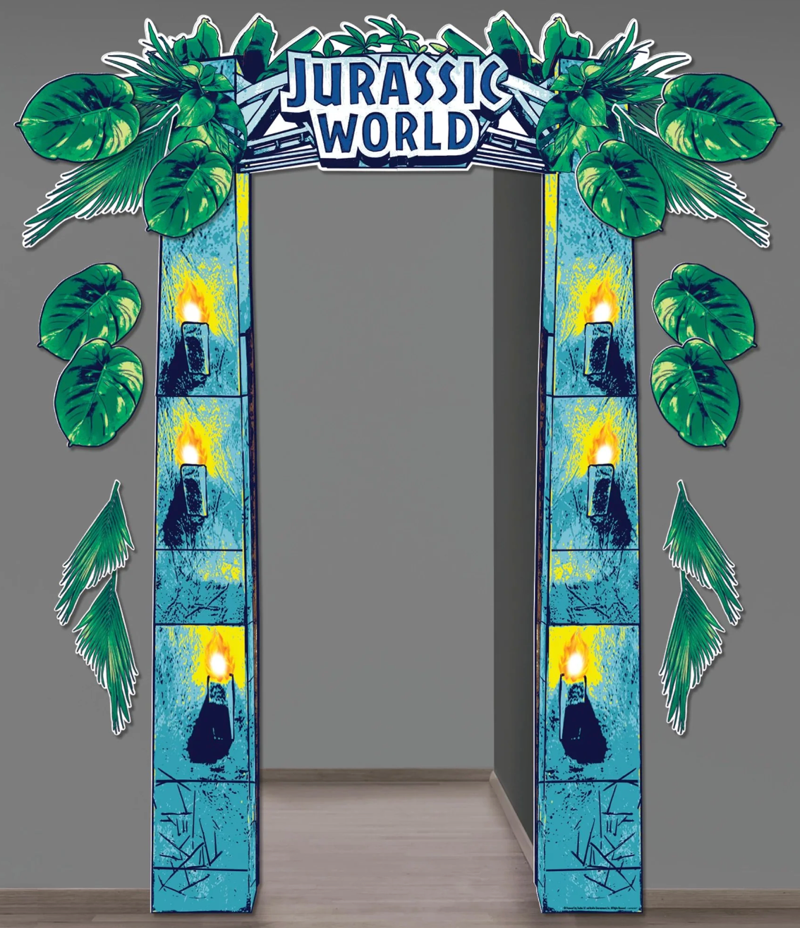 Jurassic World-themed doorway decoration with blue stone pillar designs, green tropical leaves, and a logo sign at the top.