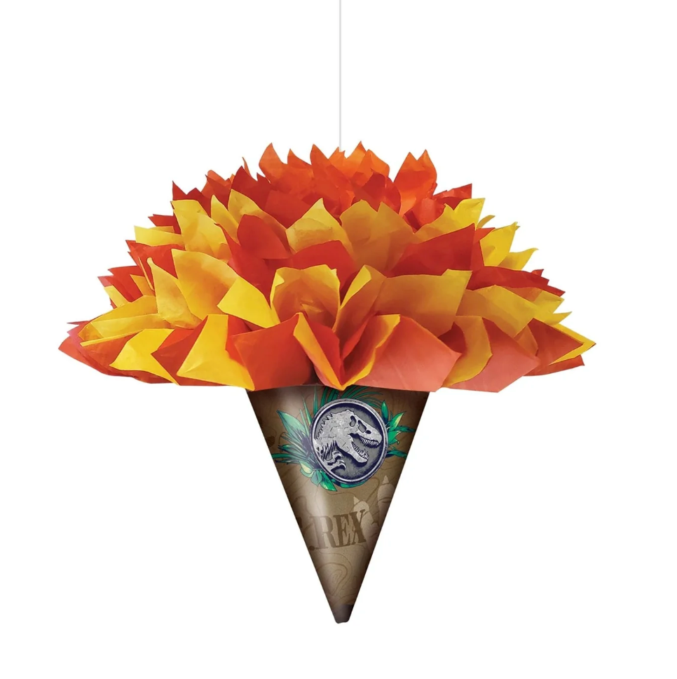 Orange and yellow tissue paper flame torch with Jurassic World emblem on a brown cone base.