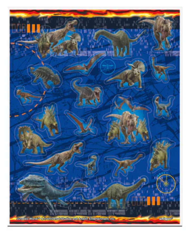 Sheet of glossy Jurassic World dinosaur stickers featuring various colorful dinosaurs on a blue background with orange.