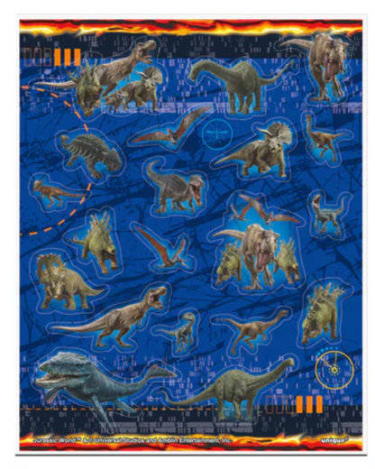 Sheet of glossy Jurassic World dinosaur stickers featuring various colorful dinosaurs on a blue background with orange.