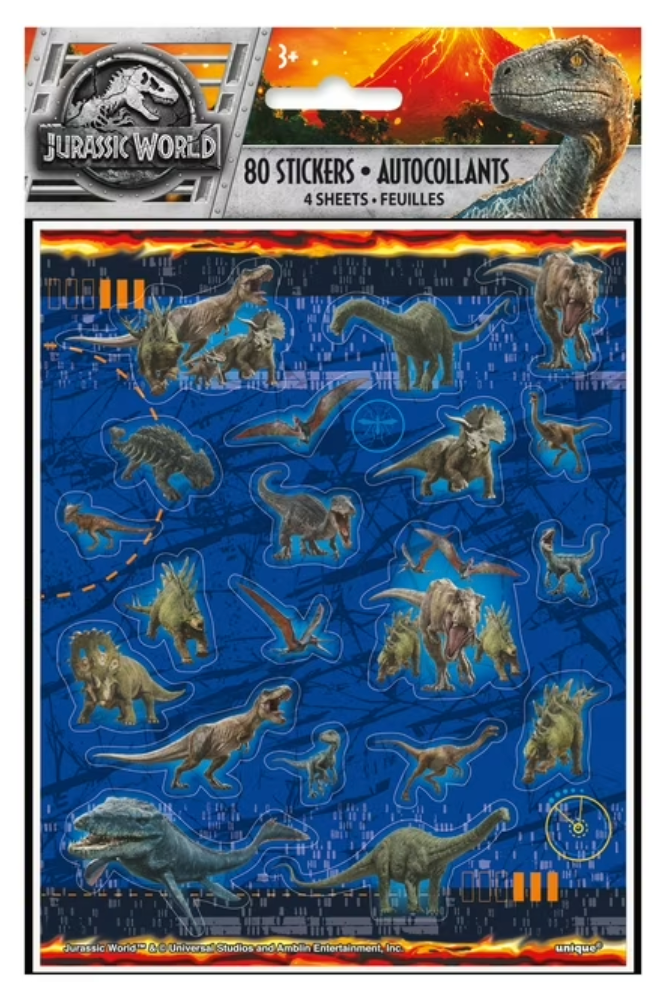 Four Jurassic World 2 sticker sheets with colorful dinosaur designs on blue backgrounds.