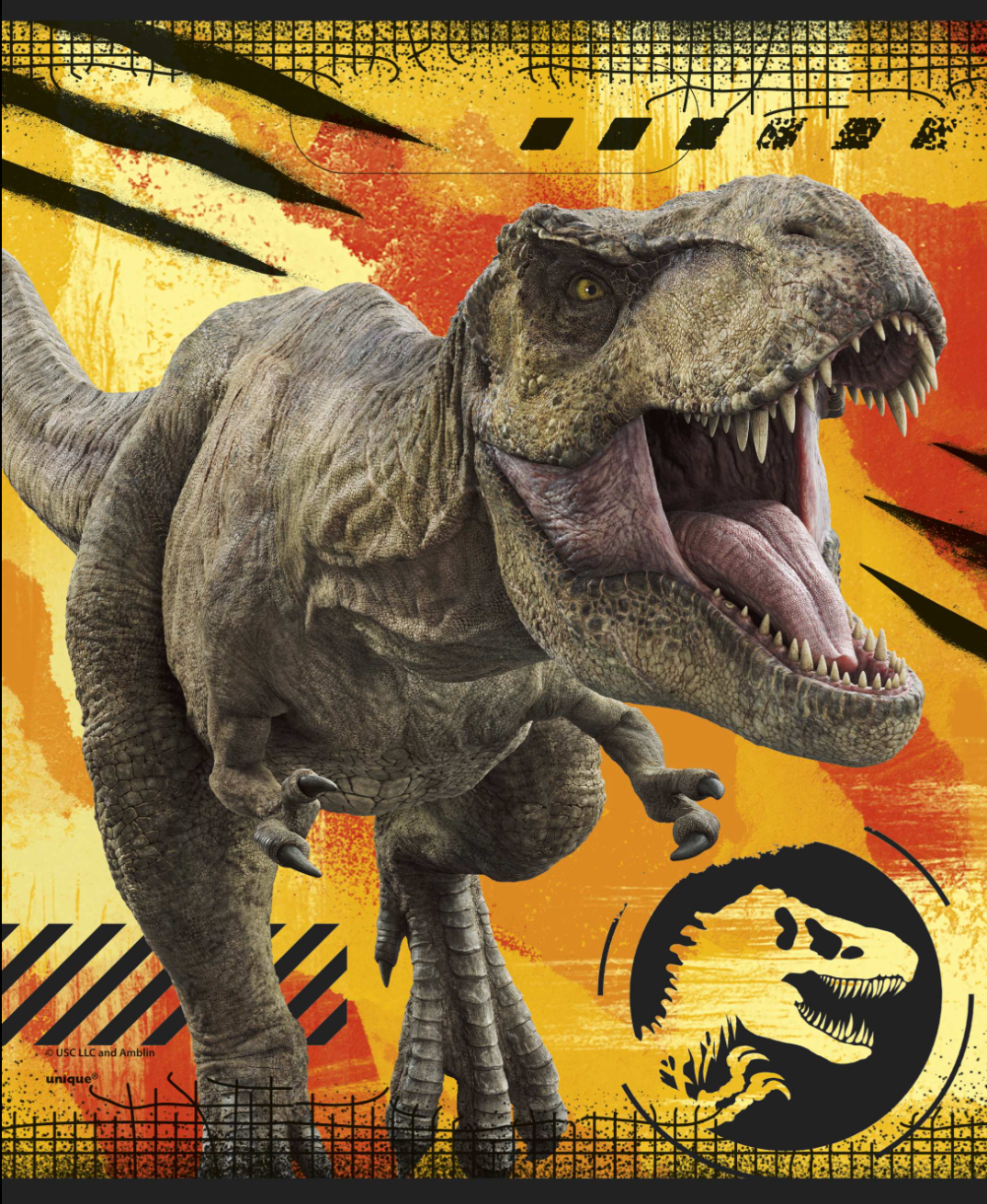 Set of 8 Jurassic World-themed loot bags featuring a fierce T-Rex with open mouth on a yellow and orange background with.