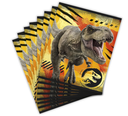 Set of eight Jurassic World loot bags featuring a roaring T-Rex on yellow and orange background with black claw marks and.