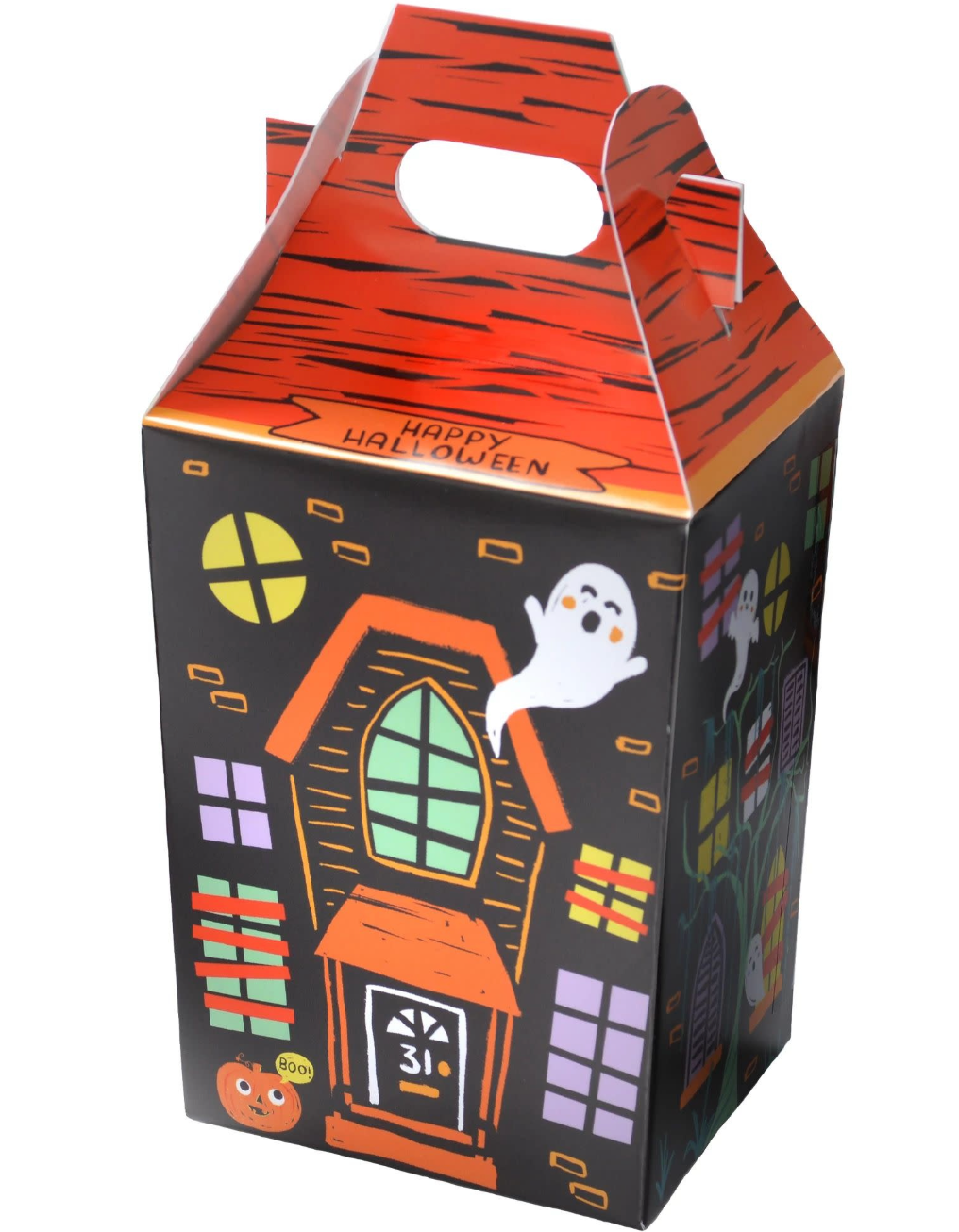 Halloween favor box with haunted house, ghost, pumpkins, and orange and black design.