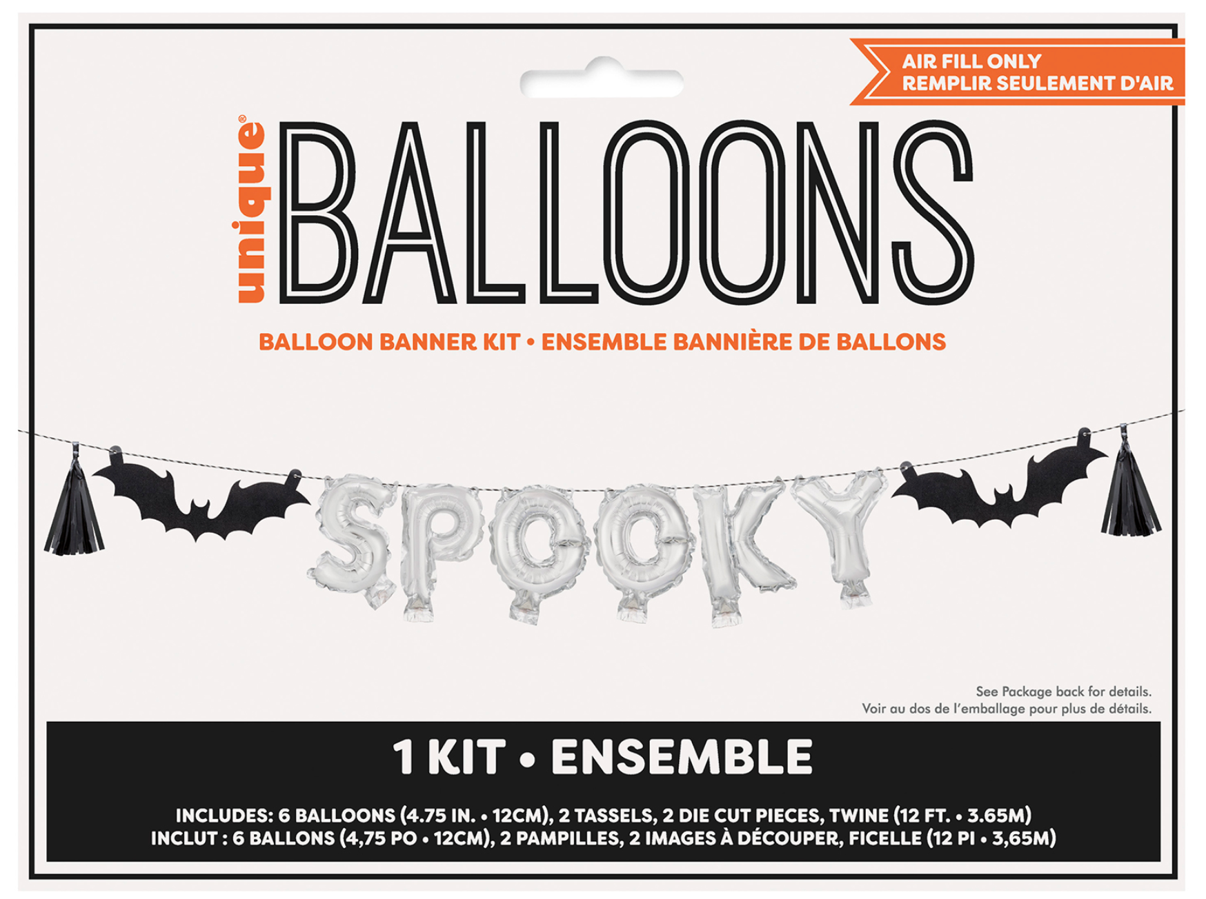 Black bat and tassel balloon banner with silver foil letter balloons spelling "SPOOKY".