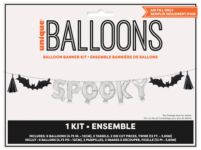 Black bat and tassel balloon banner with silver foil letter balloons spelling "SPOOKY".