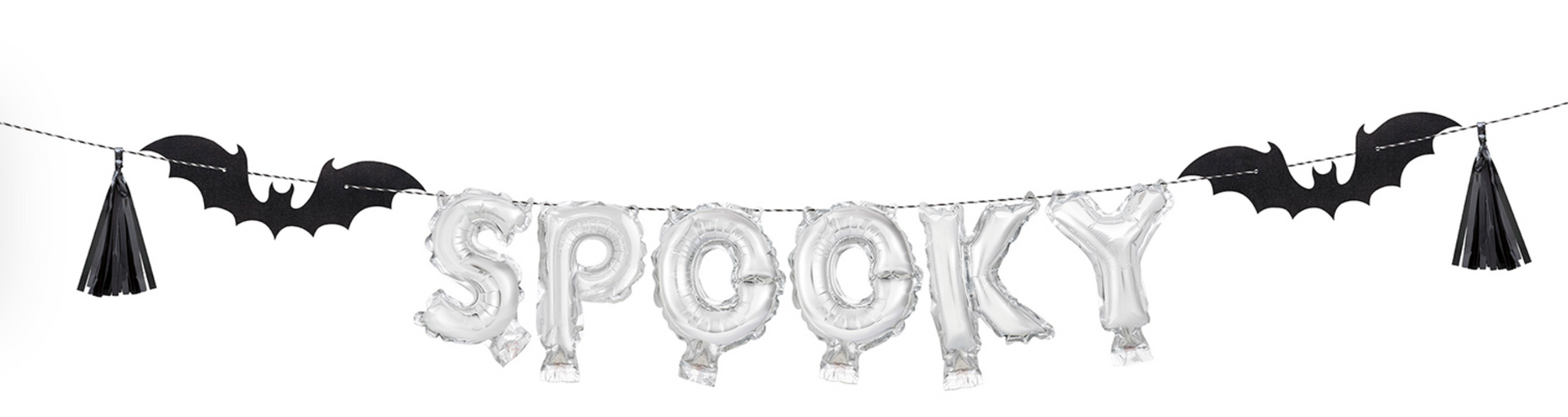 Black bat and tassel balloon banner with silver foil letter balloons spelling "SPOOKY".