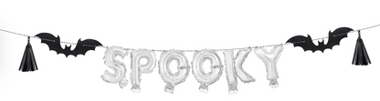 Black bat and tassel balloon banner with silver foil letter balloons spelling "SPOOKY".
