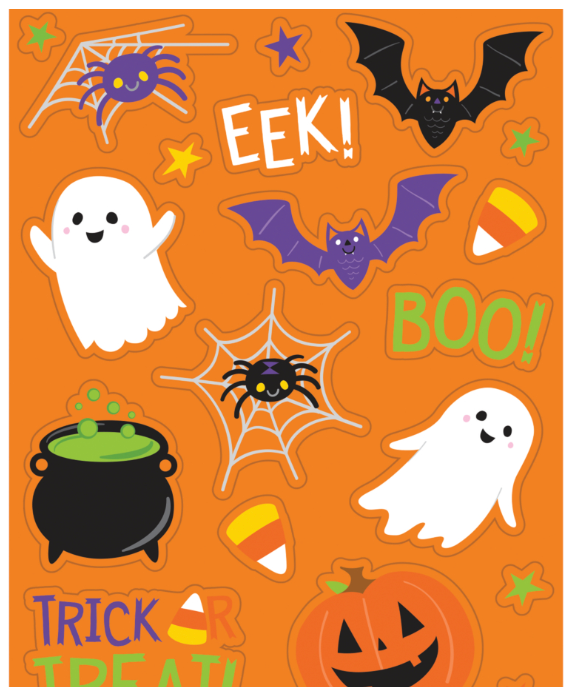 Colorful Halloween stickers featuring ghosts, bats, spider webs, spiders, candy corn, a pumpkin, and a cauldron on an orange