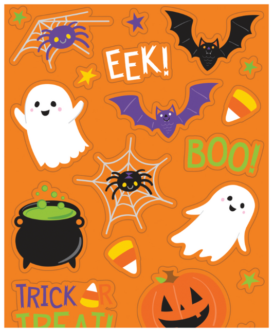 Colorful Halloween stickers featuring ghosts, bats, spider webs, spiders, candy corn, a pumpkin, and a cauldron on an orange