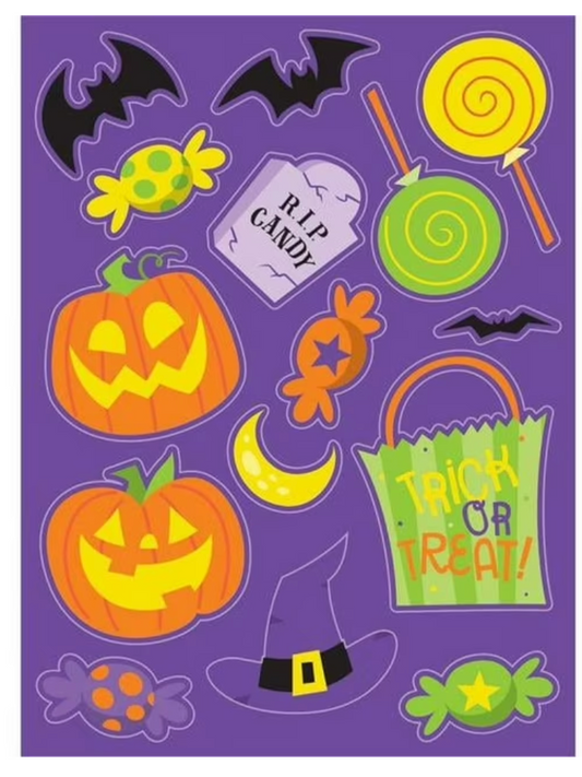 Colorful Halloween stickers featuring jack-o'-lanterns, bats, candy, lollipops, a witch hat, a tombstone, a crescent moon,.