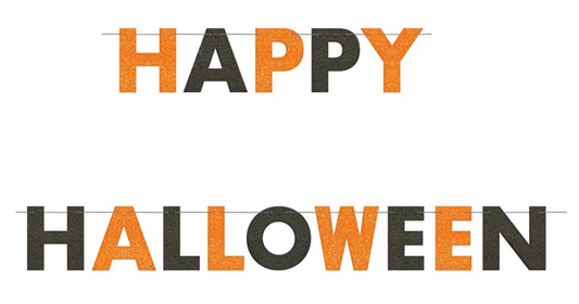 Glittery orange and black block letters spelling "HAPPY HALLOWEEN" banner with alternating colors.