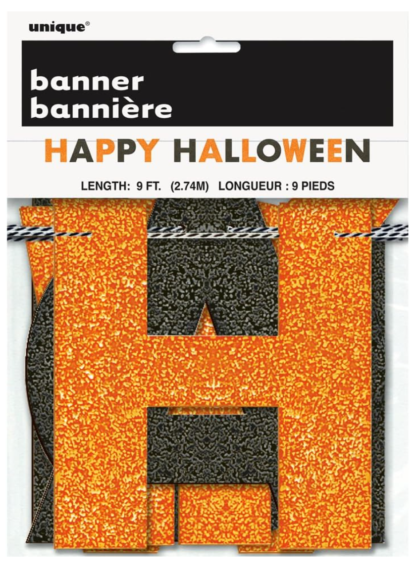 Orange and black glitter Halloween banner with bold block letters spelling "Happy Halloween".