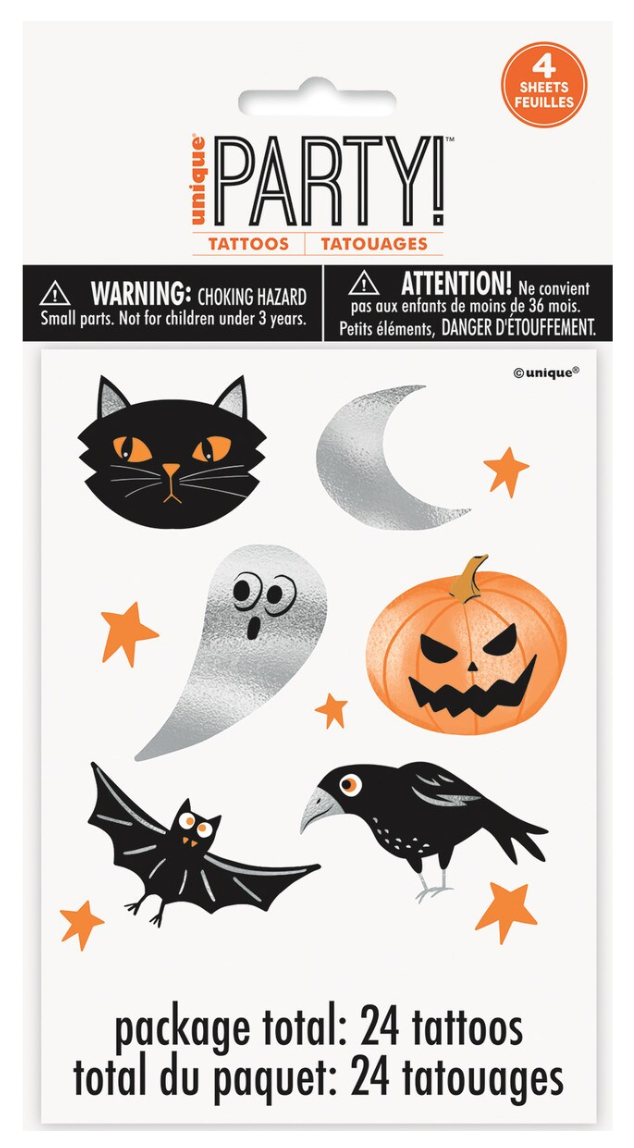 Set of 24 silver foil Halloween tattoos featuring black cat, crescent moon, ghost, pumpkin, bat, crow, and orange stars on.