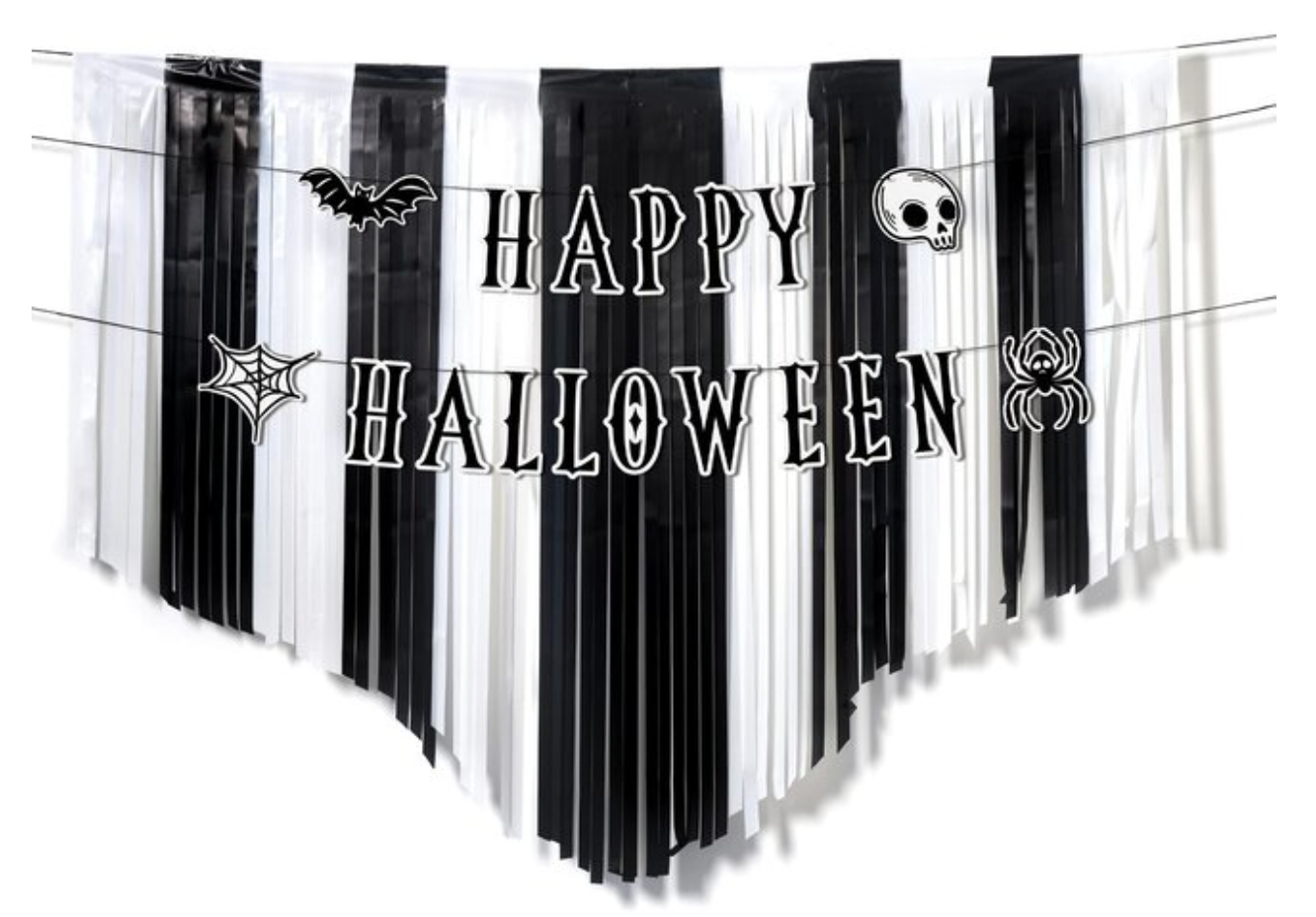 Black and white vertical striped Halloween backdrop with "Happy Halloween" lettering and skull, bat, spider web decorations.