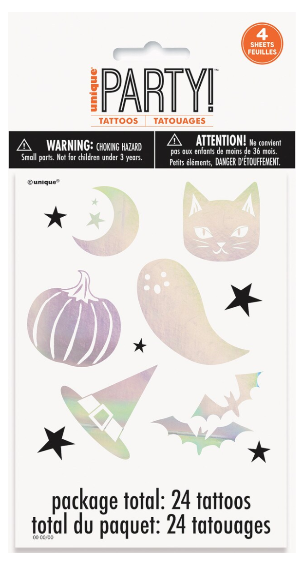Sheet of iridescent foil Halloween tattoos featuring a ghost, pumpkin, cat face, witch hat, bat, and stars.