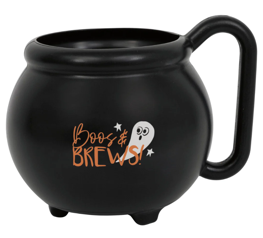 Black plastic cauldron-shaped mug with handle, "Boos & Brews!" orange text, white ghost and stars design.