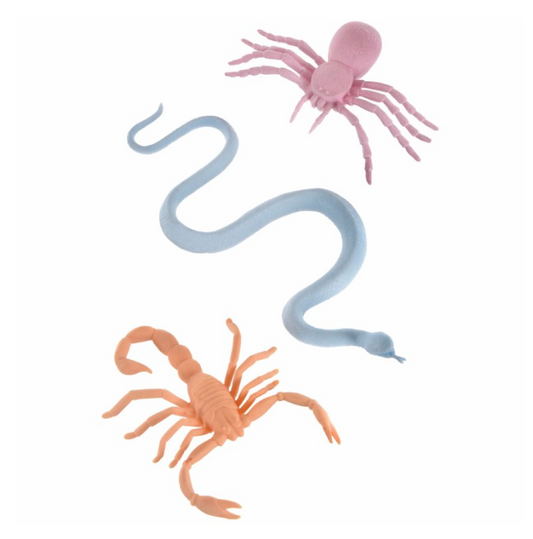 Pink spider, light blue snake, and orange scorpion with segmented legs.