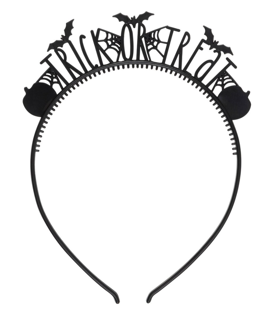 Black acrylic headband with "Trick or Treat" text, bat and pumpkin silhouette accents.