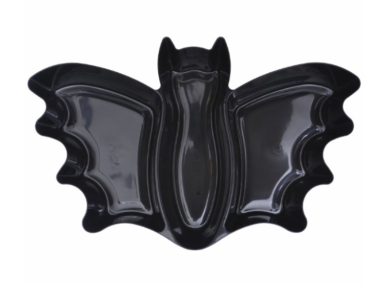 Black plastic platter shaped like a bat with spread wings and pointed ears, glossy finish.