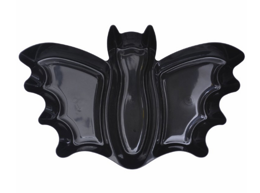 Black plastic platter shaped like a bat with spread wings and pointed ears, glossy finish.
