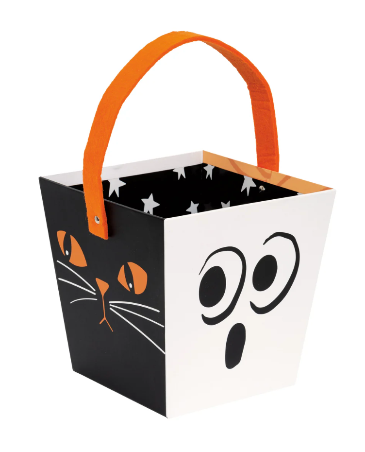 Square Halloween bucket with black and white cat and ghost faces, orange handle, and star-patterned interior.