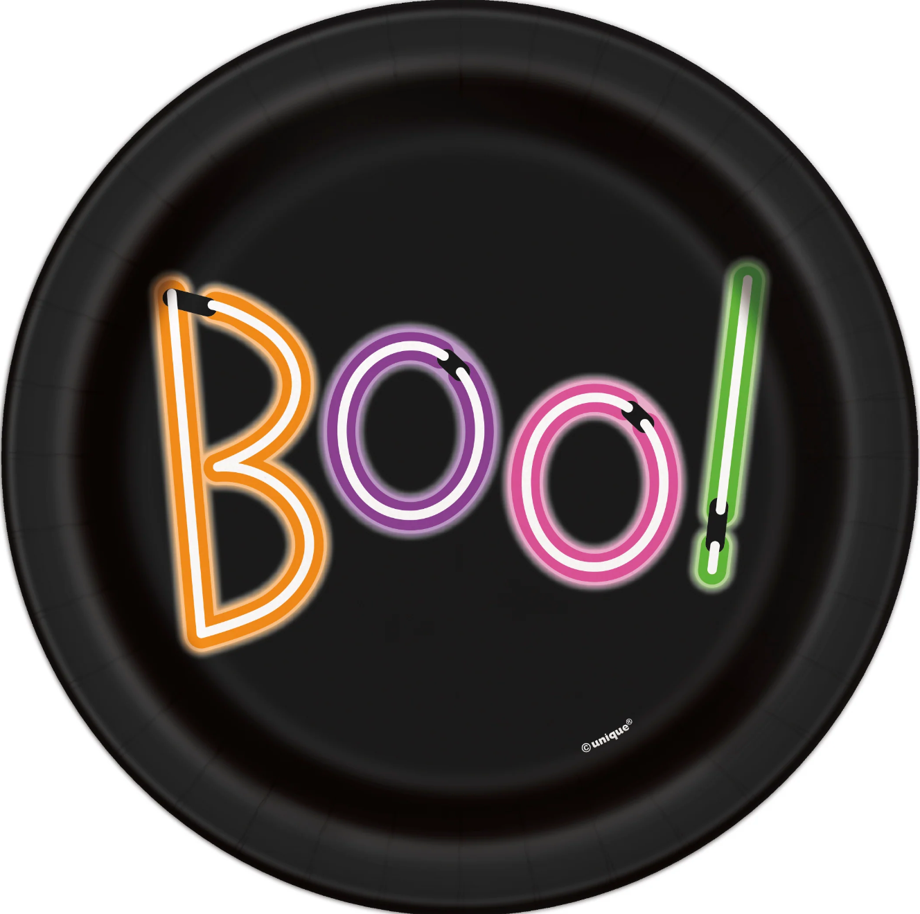 Black 7-inch round plate with neon-style "BOO!" text in orange, purple, pink, and green letters.