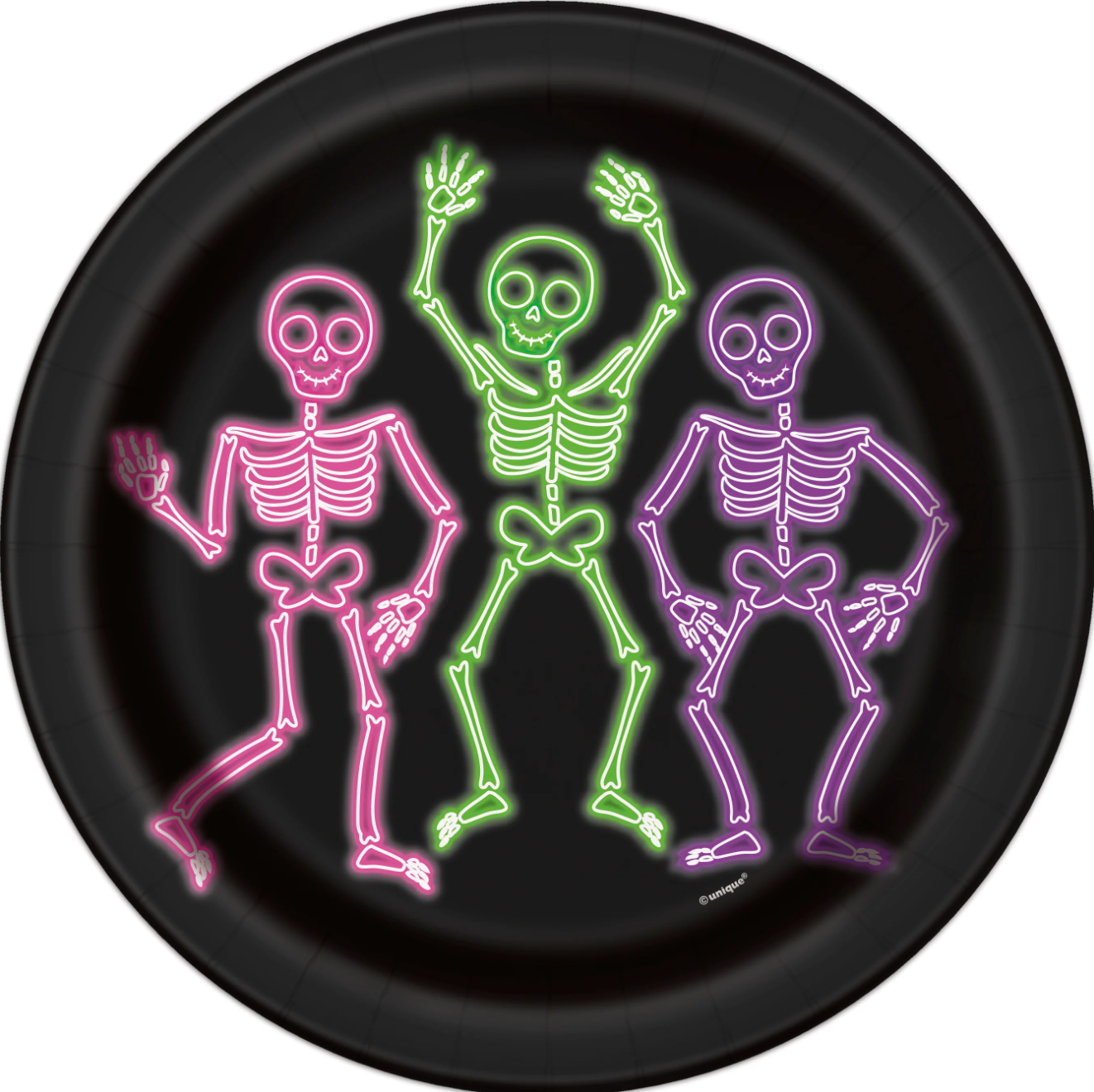 Black 9-inch plate with three neon-style skeletons glowing pink, green, and purple, Halloween theme.