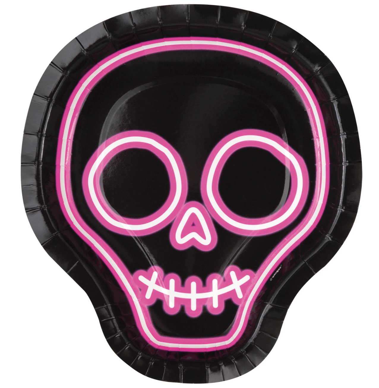 Black paper plate shaped like a skull with neon pink outline and facial features.