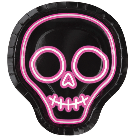 Black paper plate shaped like a skull with neon pink outline and facial features.